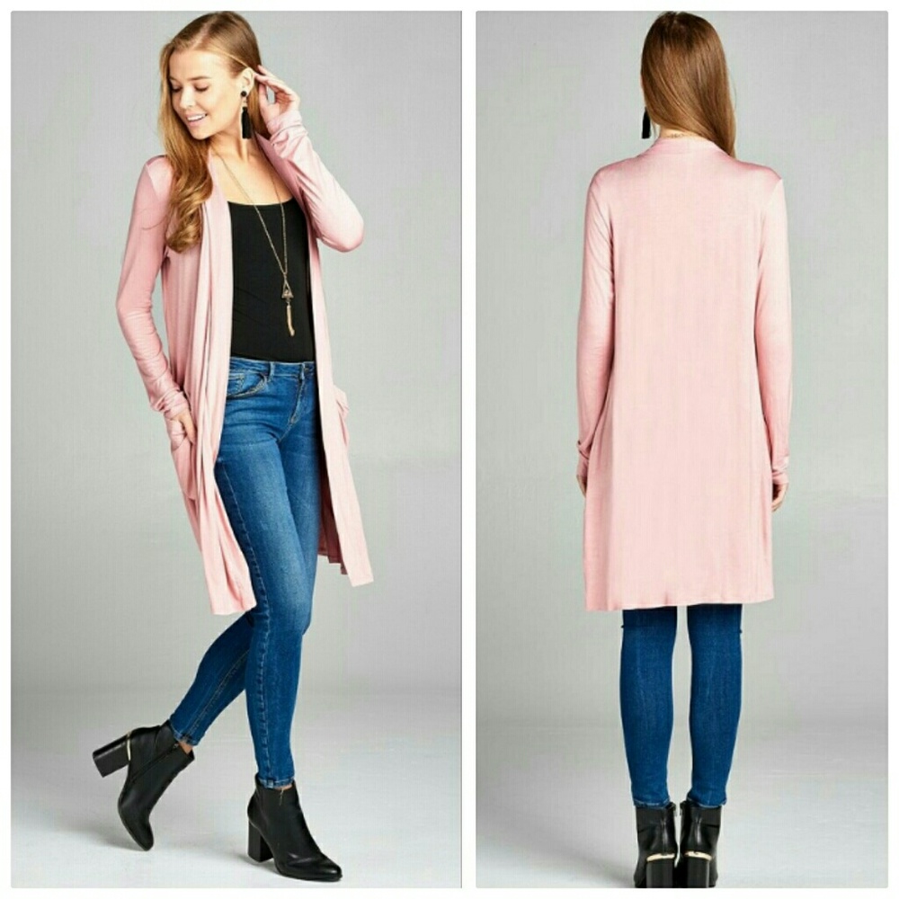 Pink long length open front cardigan with pockets - Picture 2 of 3